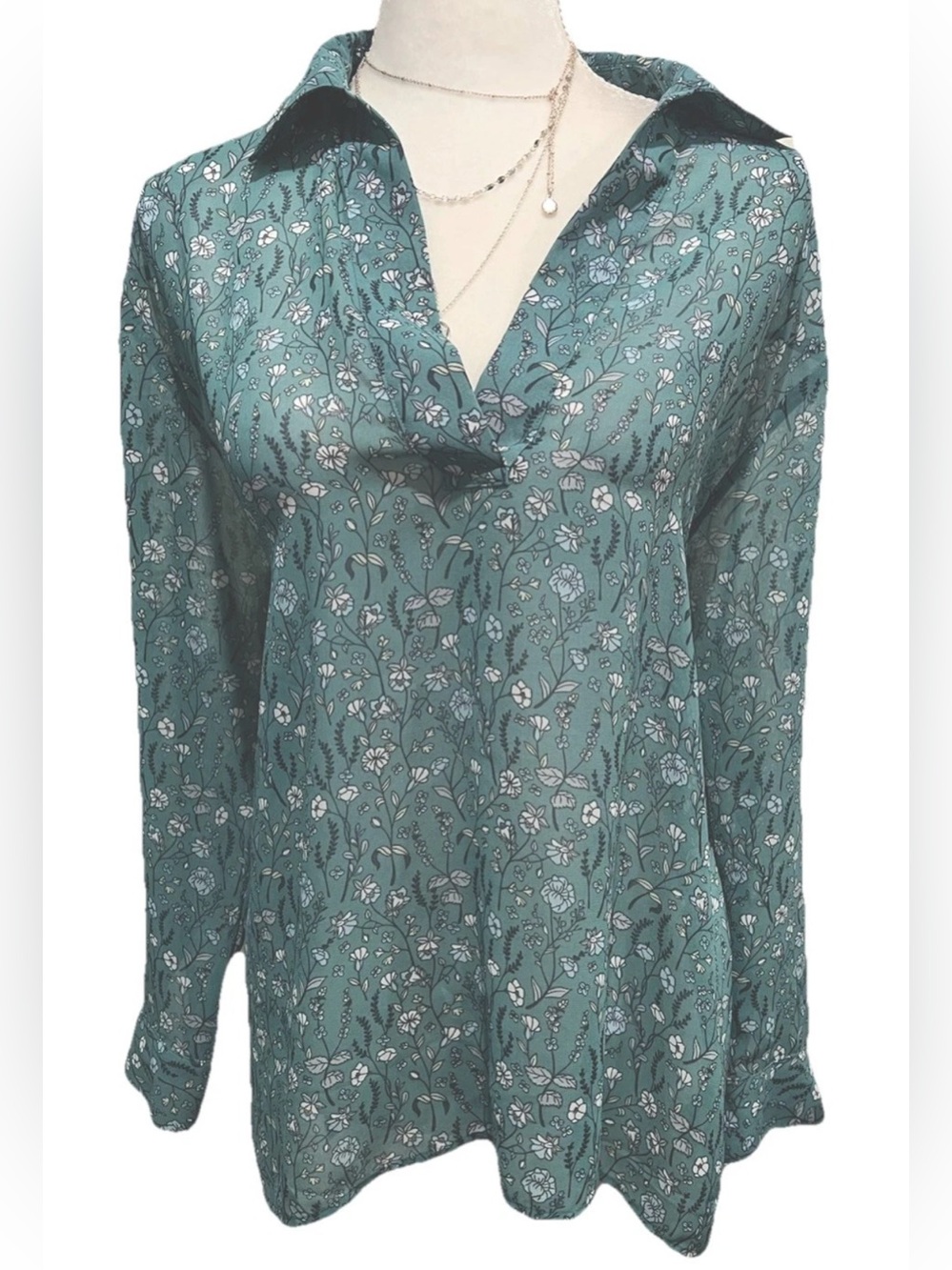 CAbi Teal Floral V-Neck Long Sleeve Blouse